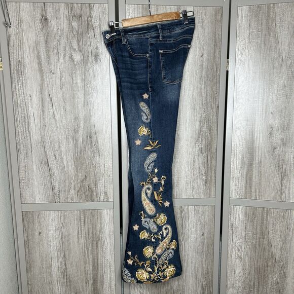 Grace in LA Jeans Size 26 Flared Embroidered Paisley Floral High Waist - Picture 2 of 9